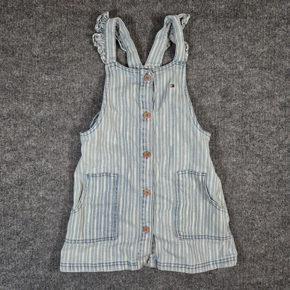 Tommy Hilfiger Girls Denim Overall Dress Size 6X Blue Pinstripe Logo Flag Ruffle